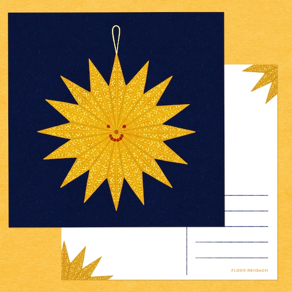 Christmas Card Smiling Yellow Star Ornament on Dark Blue Background - Square 14x14 cm Illustrated Postcard / Postcard Set - Holiday Greeting