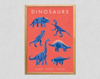 Kunstdruck 21x30 - Dinosaurier Sammlung und ihre Namen - Dinosaurier Spielzeug - Lehr- Poster auf Tintoretto Gesso