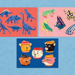 Set di cartoline di tre carte A6 - Carte da collezione illustrate - Dinosauri e rane divertenti e coppe gelato Teste di animali - Finitura opaca