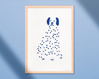 Linocut Print Dalmatian Dog - 21x30 - Dark Blue Handmade Linoprint - Happy Animal Poster