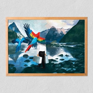Art Print Parrot 21x30 - Mountain Landscape With Parrots and a Man with Suitcases - Poster On Tintoretto Gesso