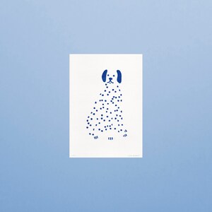 Linocut Print Dalmatian Dog 21x30 Dark Blue Handmade Linoprint Happy Animal Poster image 2