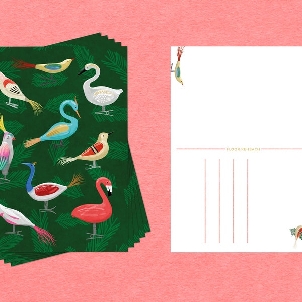 A6 Bird Ornaments in Christmas Tree Postcard / Postcard Set