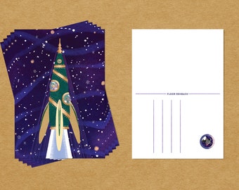 A6 Christmas in Space - Dog Laika in Tree Rocket Launch Postcard - Postcard Set