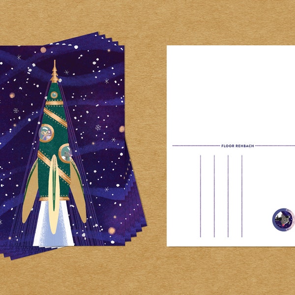 A6 Christmas in Space - Dog Laika in Tree Rocket Launch Postcard - Postcard Set