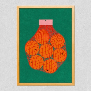 Art Print Oranges 21x30 - Colorful Orange Net - Illustrated Fruit - Digital Drawing On Tintoretto Gesso Paper