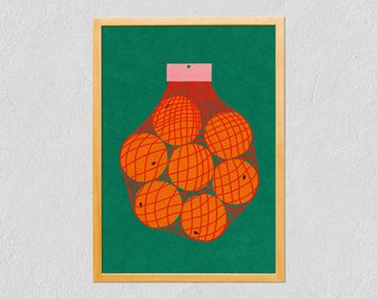 Art Print Oranges 21x30 - Colorful Orange Net - Illustrated Fruit - Digital Drawing On Tintoretto Gesso Paper