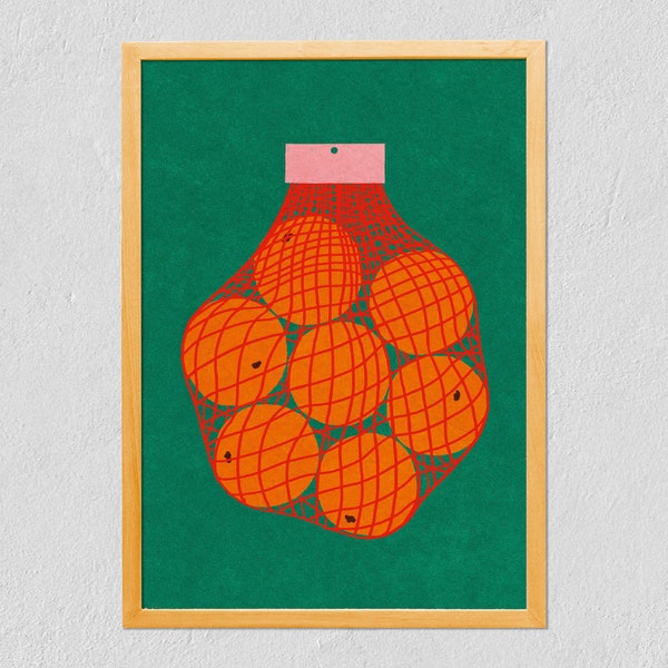 Art Print Oranges 21x30 - Colourful Orange Net - Illustrated Fruit - Digital Drawing On Tintoretto Gesso Paper