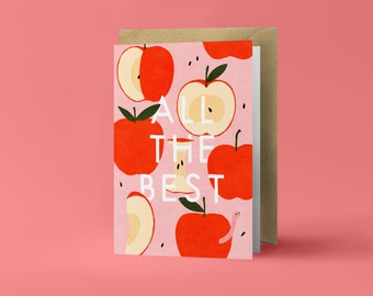 All the Best - Apples and Little Friendly Worm - Folded Greeting Card - Postcard with Kraft Envelope