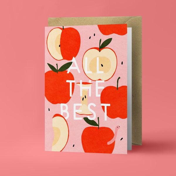 All the Best - Apples and Little Friendly Worm - Folded Greeting Card - Postcard with Kraft Envelope