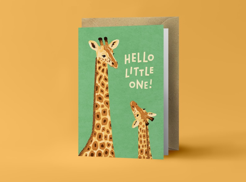 Hello Little One Baby Giraffe Illustration Folded Greeting Card Postcard with Kraft Envelope image 1