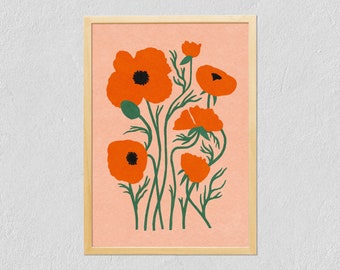 Art Print Poppies 21x30 - Colourful Poppy Boquet - Illustrated Flowers - Digital Drawing On Tintoretto Gesso Paper