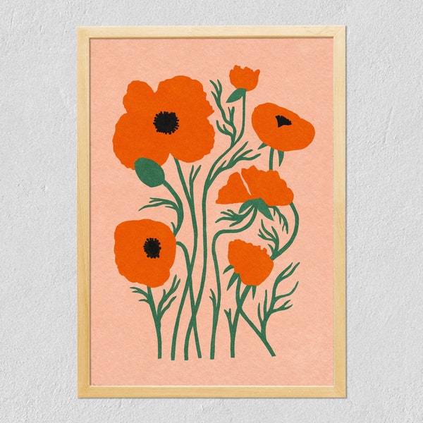 Art Print Poppies 21x30 - Colorful Poppy Boquet - Illustrated Flowers - Digital Drawing On Tintoretto Gesso Paper