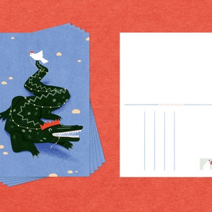 Carte de Noël - Crocodile et Oiseau - Chapeaux de Craquelins de Noël - A6 Illustrated Postcard / Postcard Set
