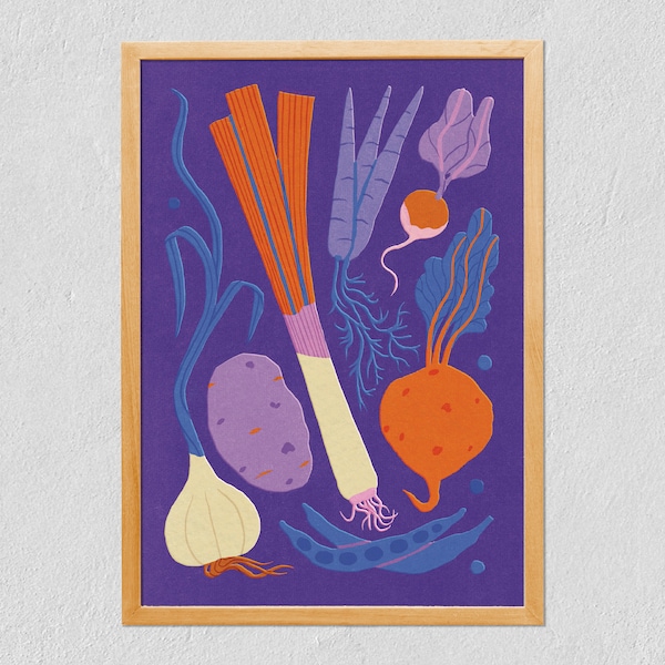 Art Print Vegetables 21x30 - Colorful Greens in Blue and Red - Illustrated Veggies - Digital Drawing On Tintoretto Gesso Paper