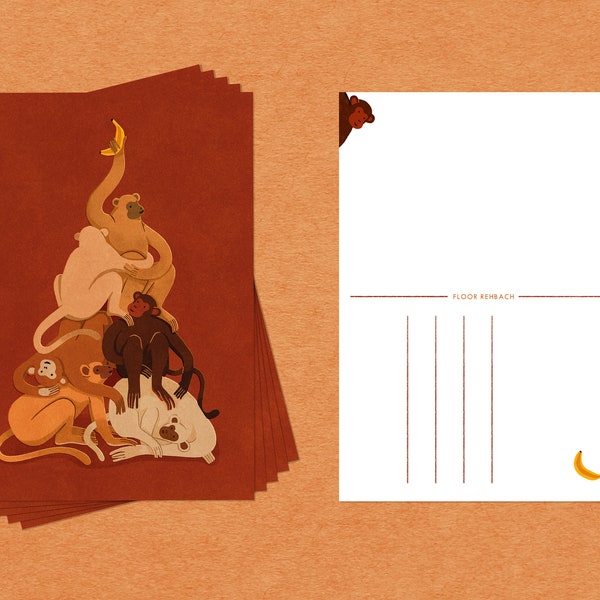 Christmas Card Tower of Cuddling Monkeys with a Banana - A6 Illustrated Postcard / Postcard Set