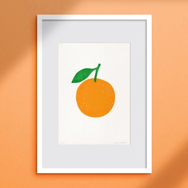 Linocut Print Bright Orange - 17x24 cm - Two Coloured Handmade Fruit Linoprint - Happy Colourful Handprinted Poster