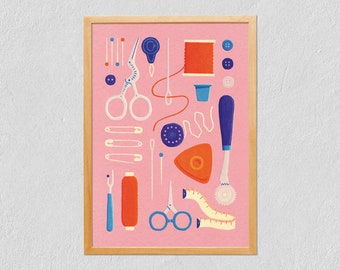 Art Print Sewing Items 21x30 - Colourful Collection Overview - Illustrated Tools - Digital Drawing On Tintoretto Gesso Paper