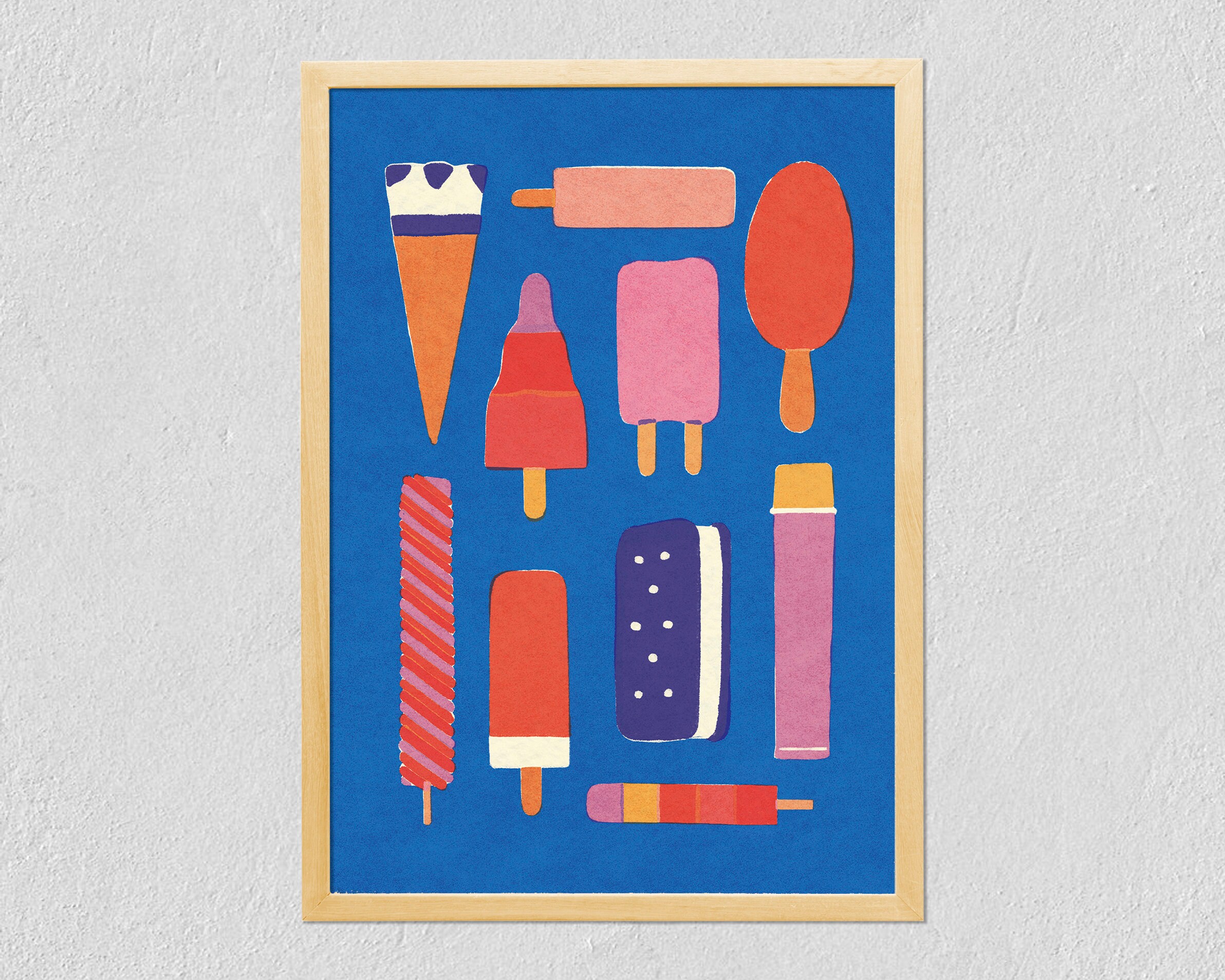 Art Print Ice Cream 21x30 - Colorful Collection of Ice Lollies and Popsicles - Illustrated Food - Digital Drawing On Tintoretto Gesso Paper