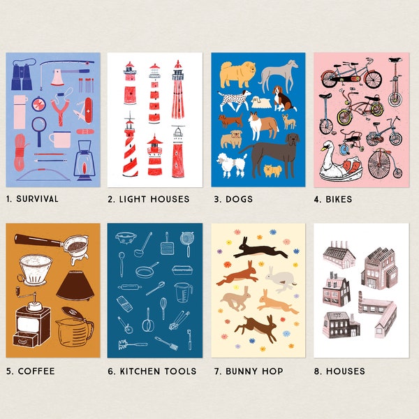 Collection Postcards - Mix and match! - A6 Illustrated Cards - Different Collections, Bikes, Coffee, Animals, Buildings Card