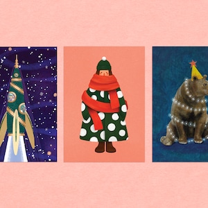 Jeu de cartes postales de trois cartes de Noël A6 - Laika illustrée dans l’espace, Fille en gros manteau moelleux, Ours en lumières - Finition mate