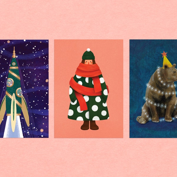 Postcard Set Of Three A6 Christmas Cards - Illustrated Laika in Space, Girl in Big Fluffy Coat, Bear in Lights - Matte Finish