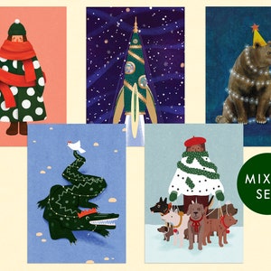 Postkarten Set von fünf A6 Weihnachtskarten - Illustrierte Space Laika, Mädchen im großen flauschigen Mantel & mit Hunden, Bär Lichter, Krokodil vogel, Affen