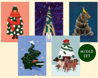 Postcard Set Of Five A6 Christmas Cards - Illustrated Space Laika, Girl in Big Fluffy Coat & with Dogs, Bear Lights, Crocodile Bird, Monkeys