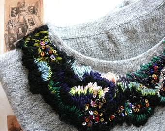 Grey jersey with handembroidery applications. Gift for her. Handembroidered cotton sweater.