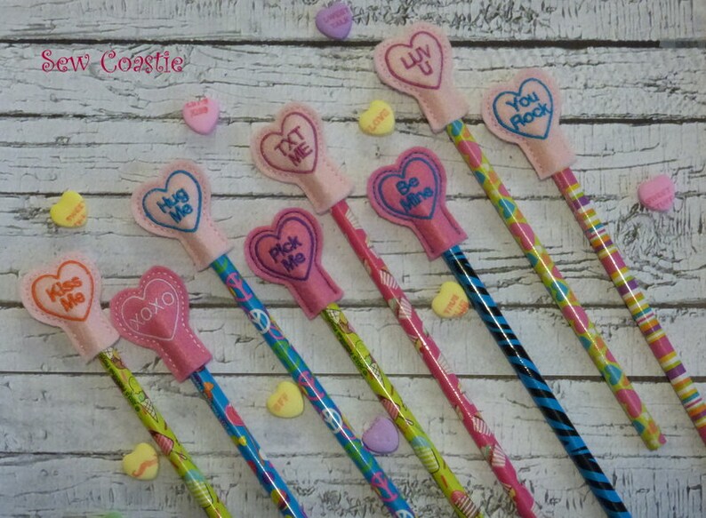 Conversation Heart Pencil Toppers feltie machine embroidery design image 1