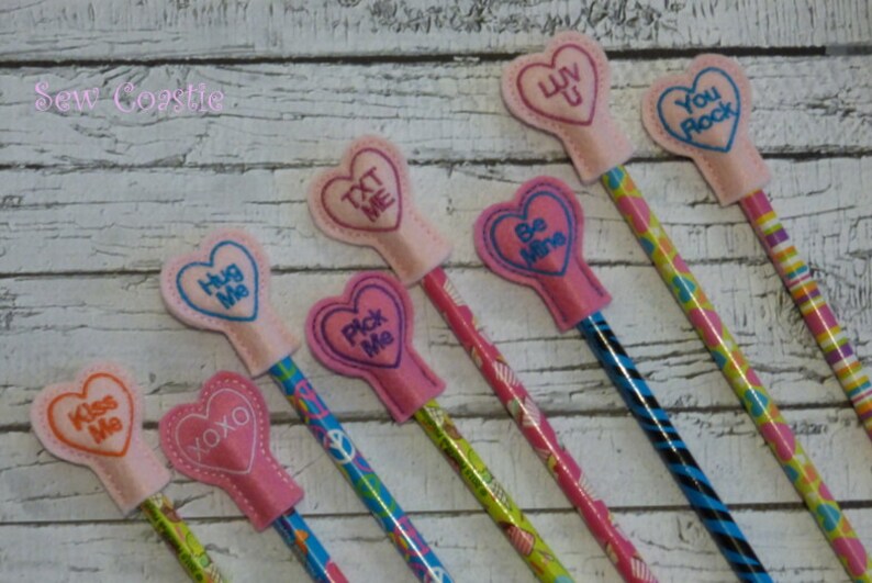 Conversation Heart Pencil Toppers feltie machine embroidery design image 2