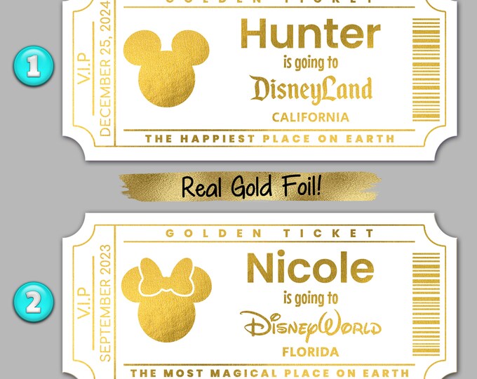 Featured listing image: Gold Foil Disney Reveal Gift Surprise Ticket