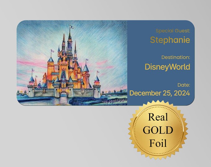 Featured listing image: Gold Foil Disney Castle Gift Surprise Ticket (with handmade card and handmade envelope included )