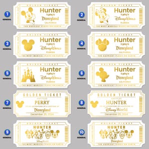 Professional Gold Foil Disney Reveal Gift Surprise Ticket with Greeting Card and Envelope Included