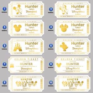 Boleto sorpresa de regalo Disney Reveal profesional con lámina dorada, tarjeta de felicitación y sobre incluidos.