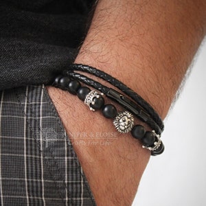 Mens Bracelet Layered Bracelets For Men, Bracelet Set, Lion King Bracelet, Black Leather Bracelet, King&#39;s Crown Bracelet Set, raw stone