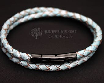Blue Leather Bracelet, Double Wrap Bracelet with Black Steel Closure, Armband, Mens Bracelet