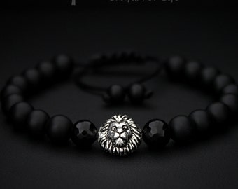 Mens Beaded Bracelet, Matte Onyx, 925 Silver Lion head Bracelet, Bracelet For Boyfriend, For Him, Lion Bracelet