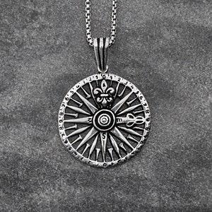 Mens 925 Silver Compass Pendant Necklace with Fleur De Lis Mark, Masculine necklace for Men