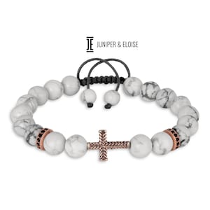 White Beaded Rose Gold Cross Bracelet for men and women Jewelry Bracelet Gift, Christian Gifts For Him