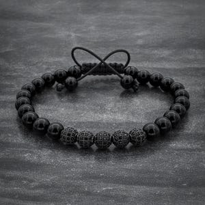 All Black Beaded Bracelet with Black Zircon Spacer Beads, Wome's Jewelry,Men's Bracelets, Gift For Him, Anniversary Gift