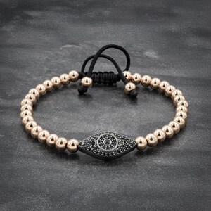 Mens Black Stone Eye Beaded Bracelet, Mens Bracelet, 925 Silver Jewelry For Men and Women, Pumped eye Bracelet