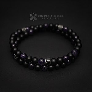 Bracelet homme double perles onyx améthyste, bracelet extensible, bracelet élastique pour homme Cadeaux pour lui image 2