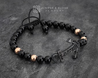 Onyx Beaded Anchor Bracelet, Black Anchor bracelet For Men, Nautical Anchor Unique Jewellery Gift Gifts For Him