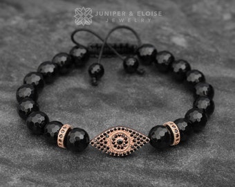 Bracelet mauvais œil, bracelet en onyx pour homme, bijoux en argent 925 pour homme et femme, oeil pompé, mode vogue, cadeaux bracelet de perles pour lui