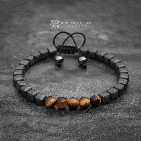 Bracelet cube hématite pour homme, bracelet de perles oeil de tigre, bijoux de bracelet de perles pour homme