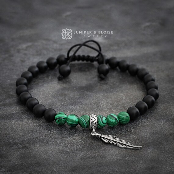 Buy Feather Bracelet Onyx and Malachite Beaded Bracelet, 925