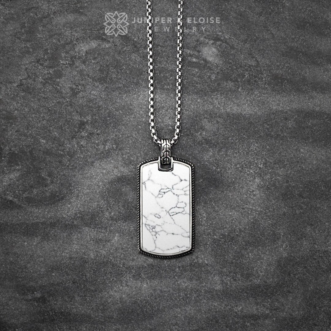 Mens Necklace Gift for Him, Mens 925 Silver Tag Necklace With White