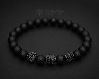 Mens Bracelet Double Black Beaded Jewelry, Boyfriend Gift Mens Bracelet, Elastic Bracelet, raw stone Gifts For Him