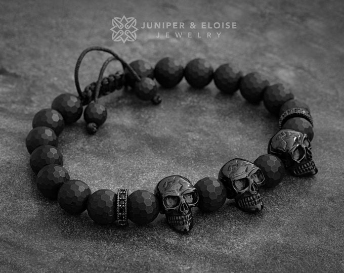 Mens Black Skull Bracelet Steel Skull and Matte Stone Etsy